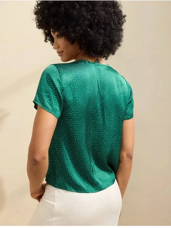 Aerie Off-Duty Satin Emerald Green Polka Dot Tie-Front Blouse size XS - Picture 2 of 13